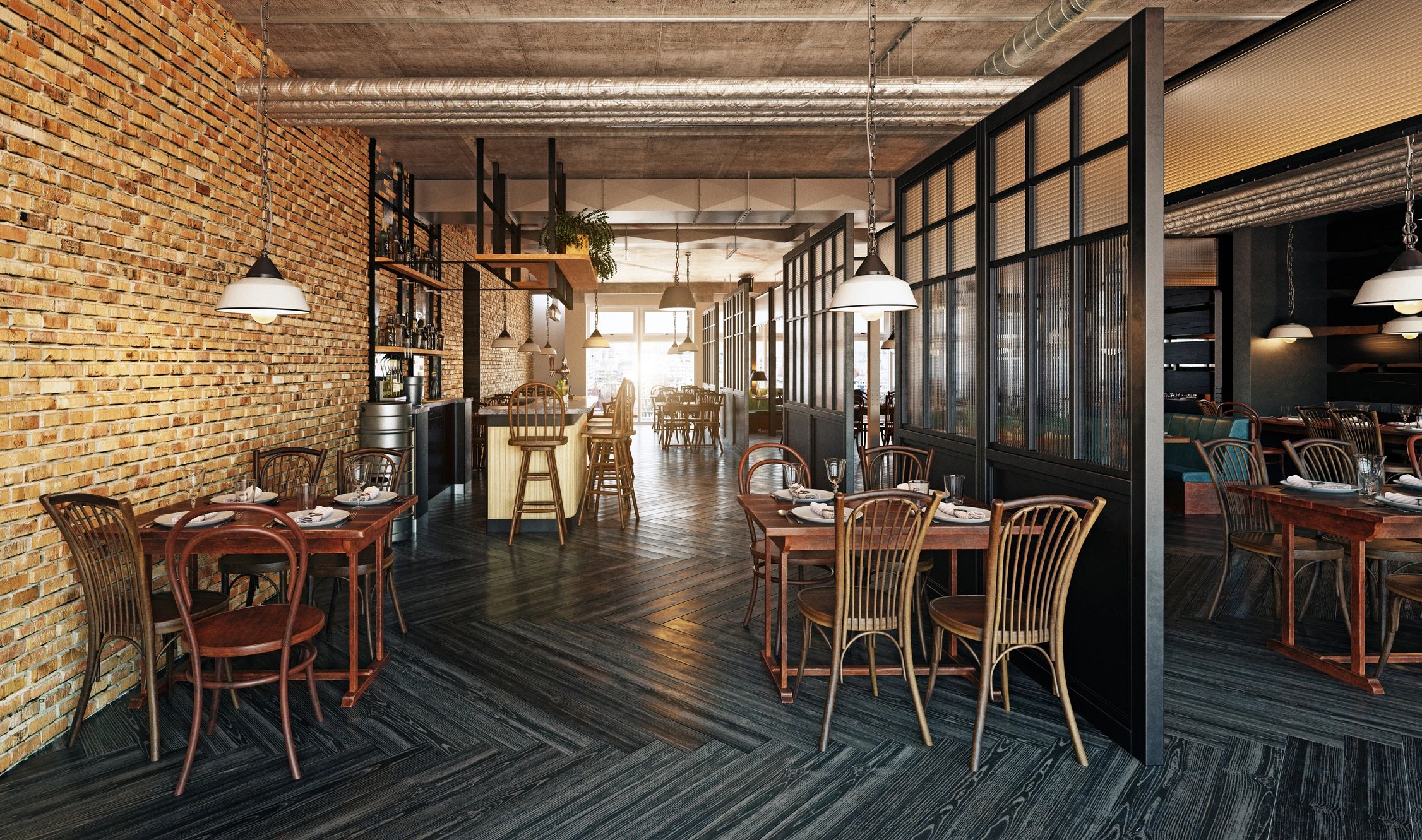 Refined restaurant interior with warm lighting and rustic finishes